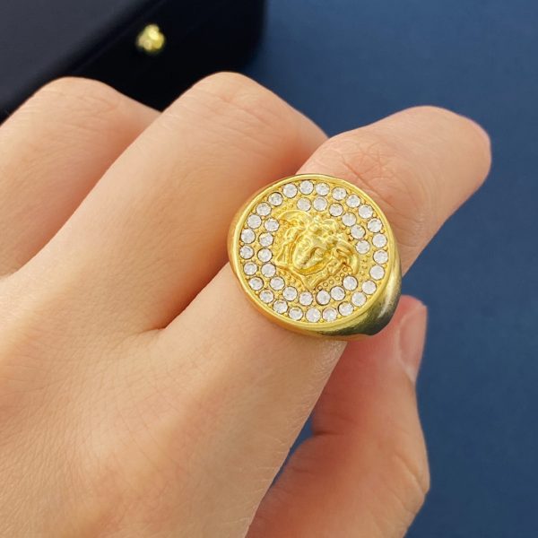 Versace White All-Diamond Medusa Human-Face Paper-Patterned Round Disc Matte Open Ring